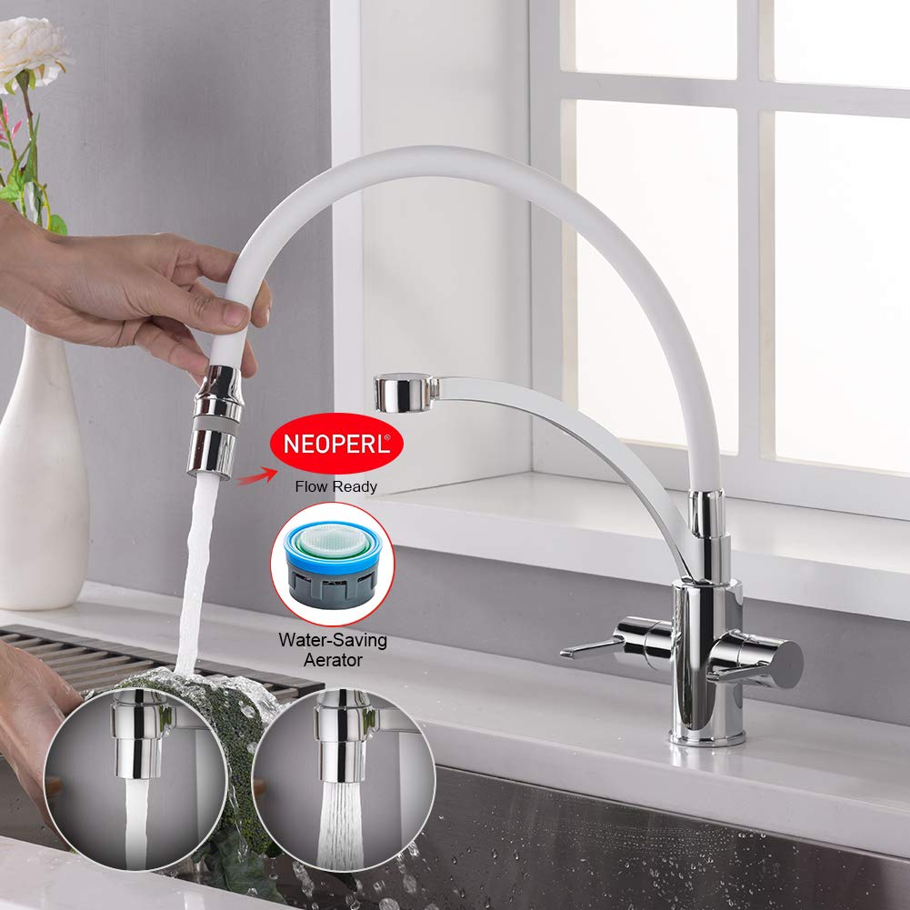 Ibergrif M22142-3 Rubinetto Cucina Bianco Con Doccetta Estraibile – Miscelatore Lavello A Doppia Maniglia, Rotazione 360° E Aeratore Antispruzzo