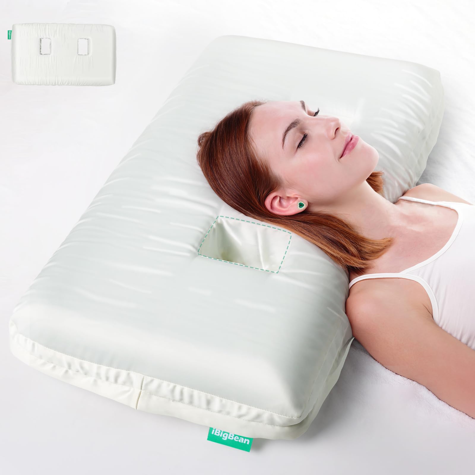 ibigbean Ear Pillow - Memory Foam Piercing Pillow with Ear Hole - with Satin Smooth Pillowcase - 26''L x 15''W x 4''H - Come with Backpack