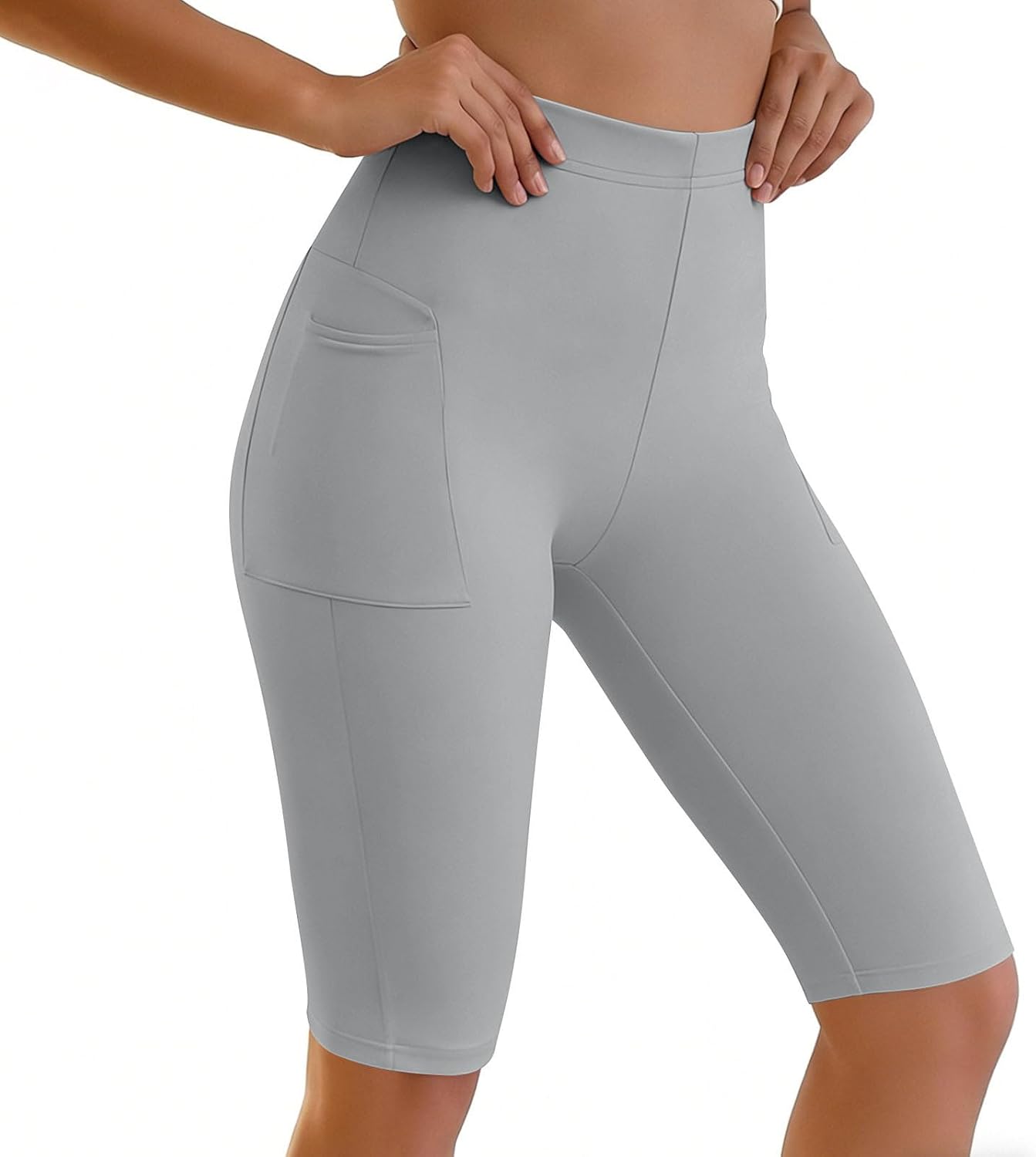 Knee Length Biker Shorts for Women Tummy Control Yoga Workout Gym Running Volleyball Compression Shorts with Pocket