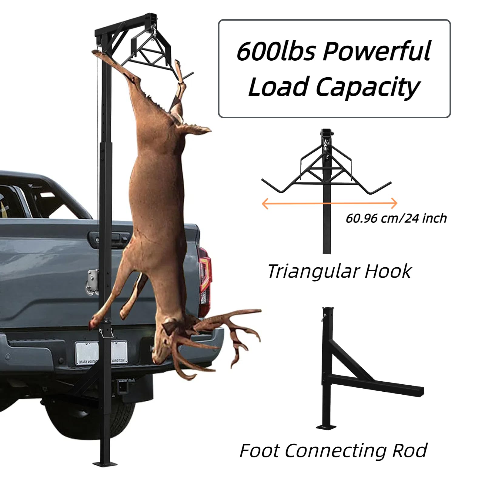 Adjustable Deer Hoist Truck Hitch with Rotating Handle Game Hunting Hoist with Extension Rod Game Cart for Hunting Adjustable Height 74-102 inch for Outdoor Hunting Activities Support to 600lbs, Steel