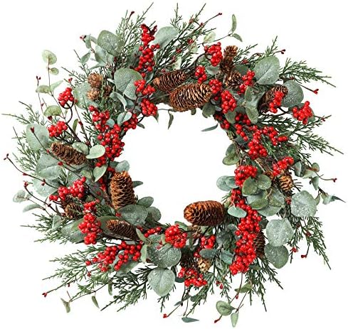 AMF0RESJ Artificial Christmas Wreath Winter Wreath with Eucalyptus Leaves,Snowflake,Big red Berries,Big pinecones,Pine Needles for Indoor Outdoor Farmhouse Home Wall Window Festival Wedding Decor