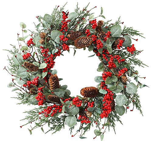 Amf0Resj Artificial Christmas Wreath Winter Wreath With Eucalyptus Leaves,Snowflake,Big Red Berries,Big Pinecones,Pine Needles For Indoor Outdoor Farmhouse Home Wall Window Festival Wedding Decor #TOP3