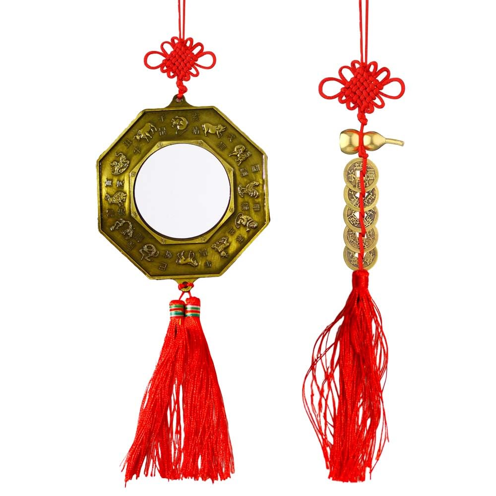 Lanxitown 2 PCS 4.8 Inch Bagua Mirror Feng Shui and Chinese Coins Feng Shui with Copper Gourd Feng Shui Decor Chinese Decor Good Luck Charms Wealth Health Success to Friends Families Lovers (RED)