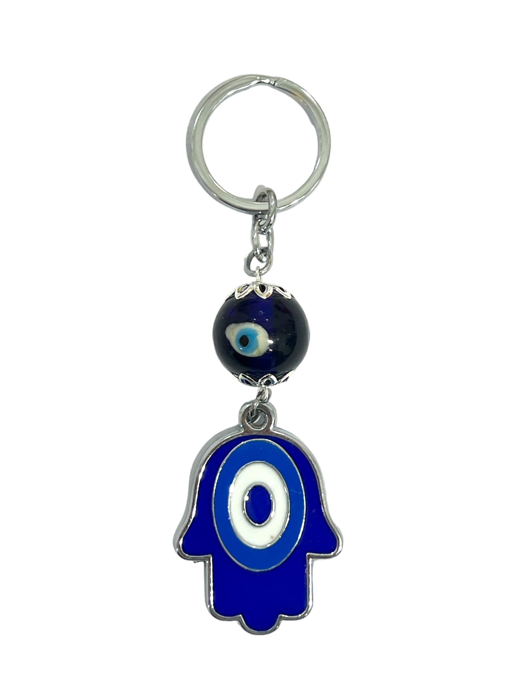 AUGEN Premium Blue Evil Eye Blue Hamsa Design Keychain Metal Vastu Good Luck Charm Protection With Key Ring Anti-Rust (Pack Of 1)