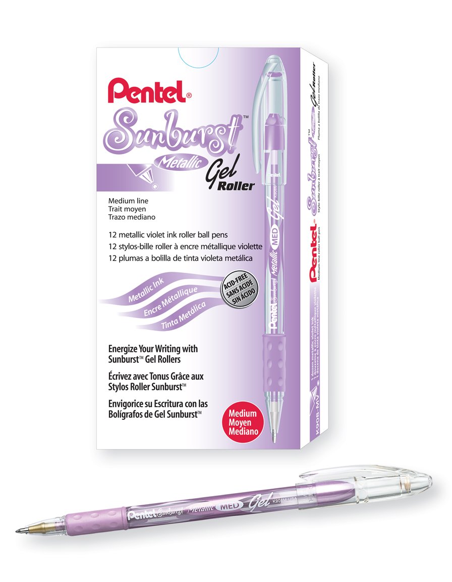 Pentel Sunburst Metallic Gel Pen, 0.8mm Tip Writes 0.4mm Line, Violet/Transparent Barrel Violet Ink, Box of 12 (K908-MV)