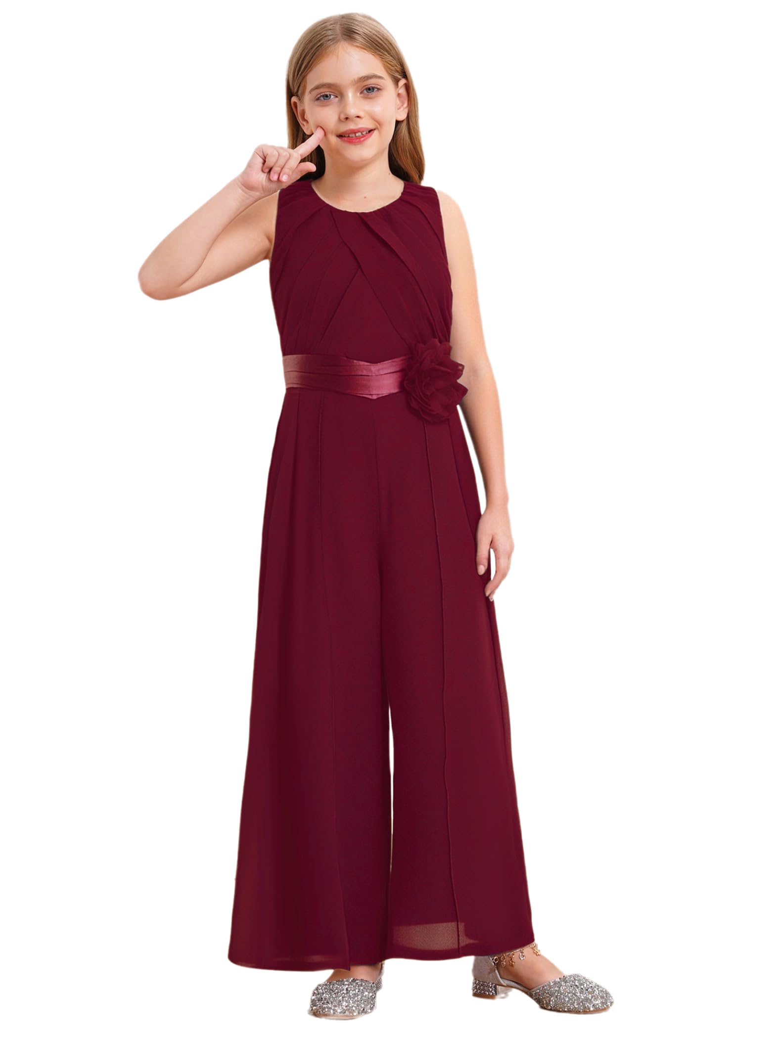 Mädchen Jumpsuit Festlich Overall Elegant Hosenanzug mit Blumen Taillengürtel Weites Bein Hose Festlich Hochzeit Geburtstag Party Outfits Burgundy 158-164