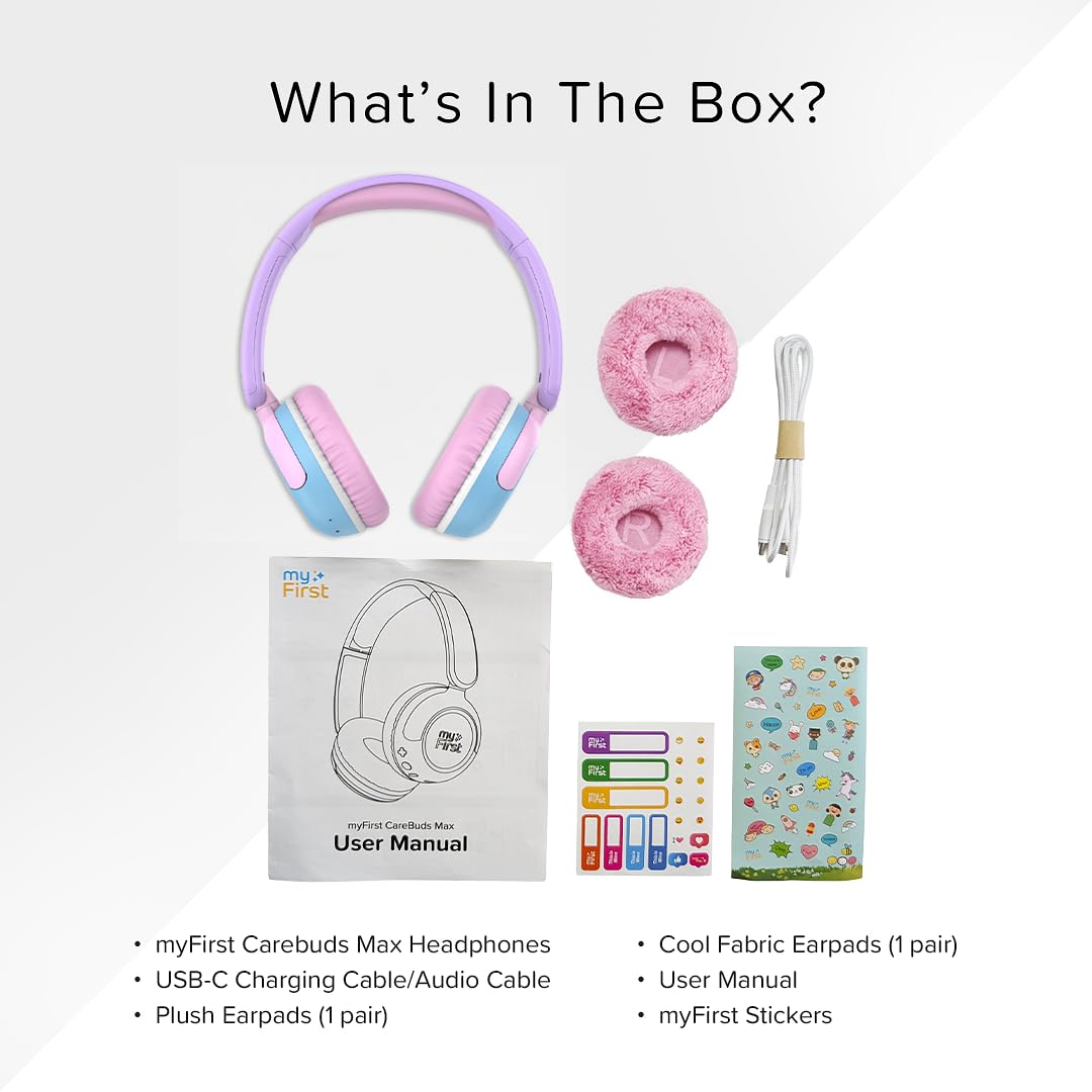 myFirst CareBuds Max – Kabellose Kopfhörer für Kinder mit Mikrofon, austauschbare Ohrpolster, intelligente Lautstärkebegrenzung, 52 Stunden Spielzeit, schnelles Aufladen (Cotton Candy Mix)