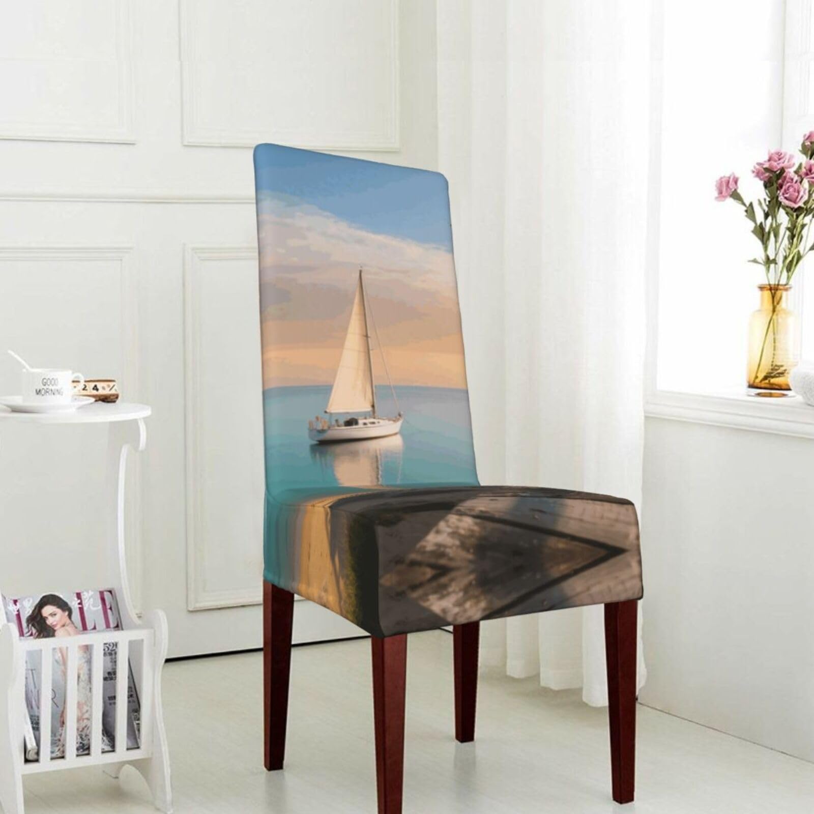 FekiLoot Stretch Dining Room Chair Covers Removable Washable Parsons Chair Slipcovers Beach Sailboat Seascape Chair Seat Protector Cover for Hotel, Office, Ceremony, Banquet, Wedding Party