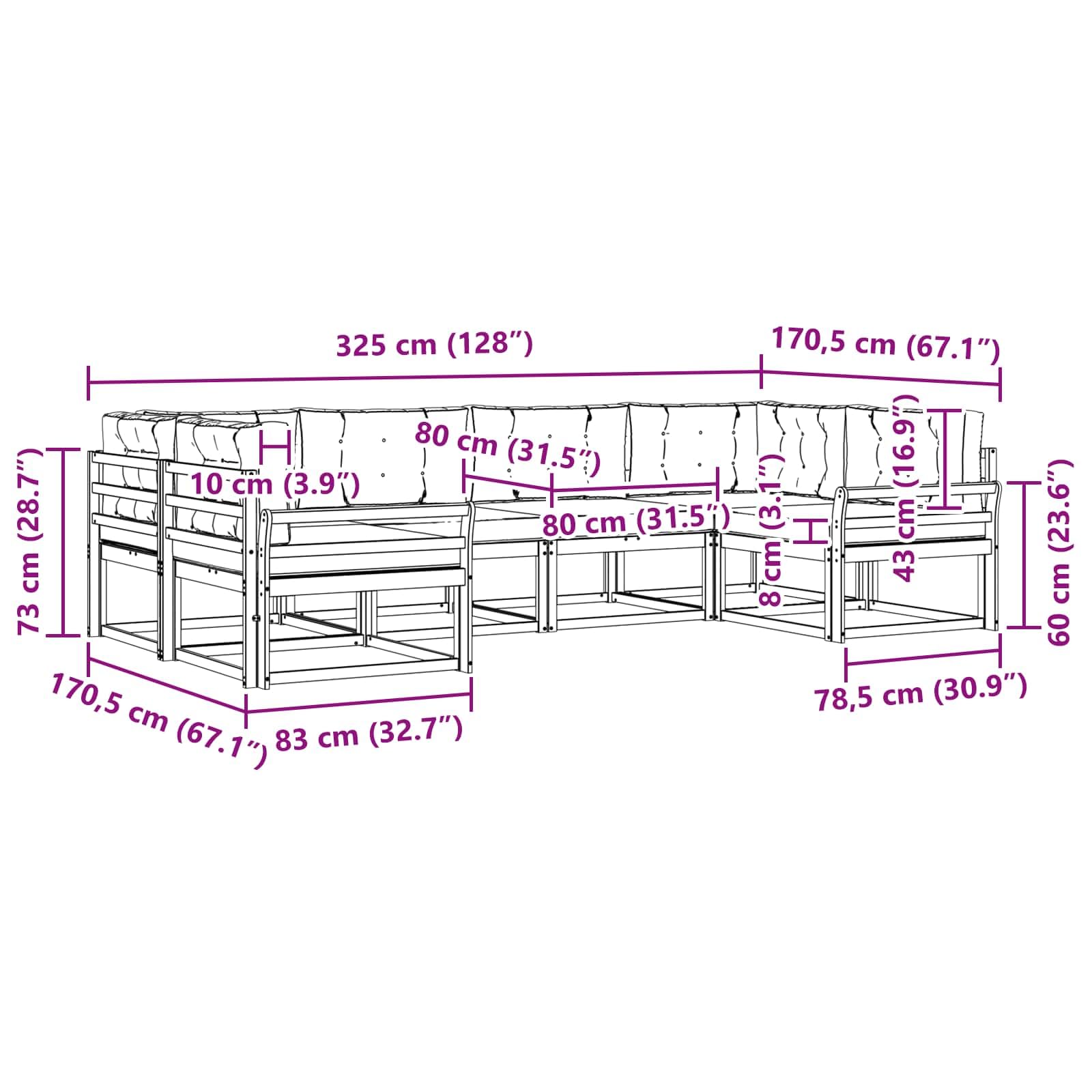 Juego de salón de jardín de madera de acacia maciza, conjunto modular para patio y jardín, incluye cojines de asiento y respaldo, color natural y antracita, 325 x 170,5 x 73 cm