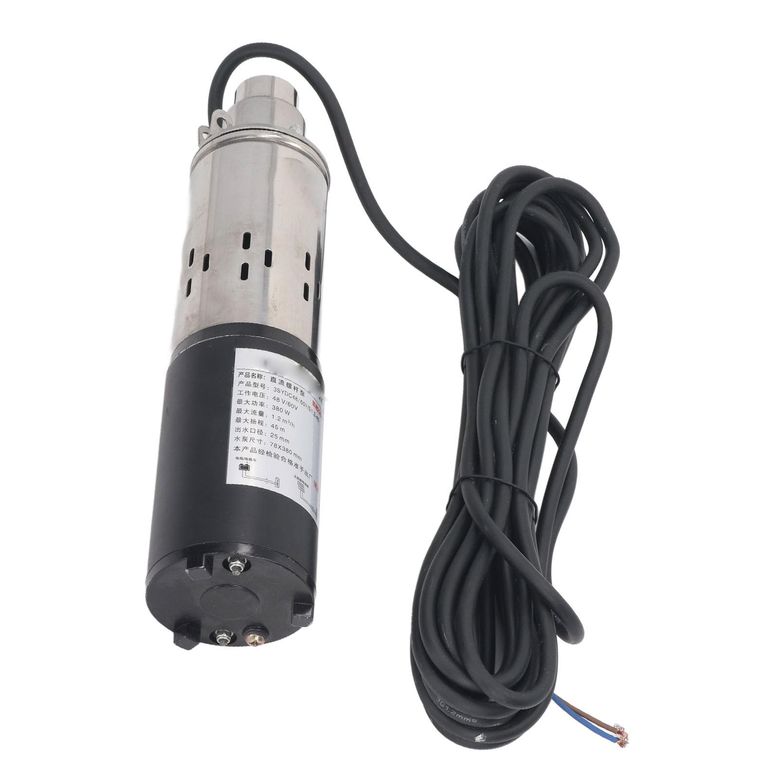 Cocoarm Bomba Solar CC, Bomba Sumergible de Tornillo de Acero Inoxidable 48 V 60 V 380 W 45 M Elevación 1,2 M³ H Salida de 1 Pulgada Barril de Motor de Hierro Fundido para Granja de Estanques de