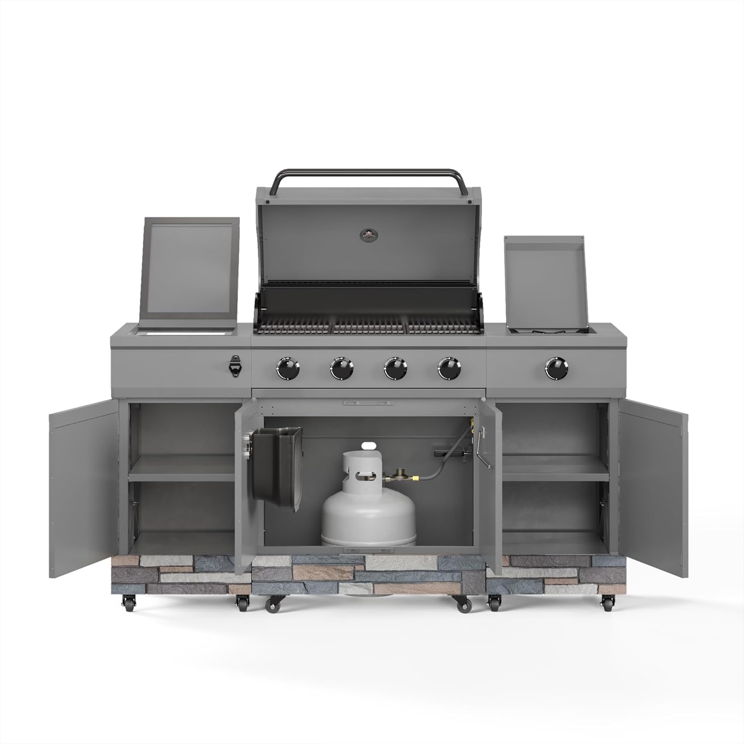 ด้านหน้า view of the grill with all cabinets open, showing a propane tank inside.