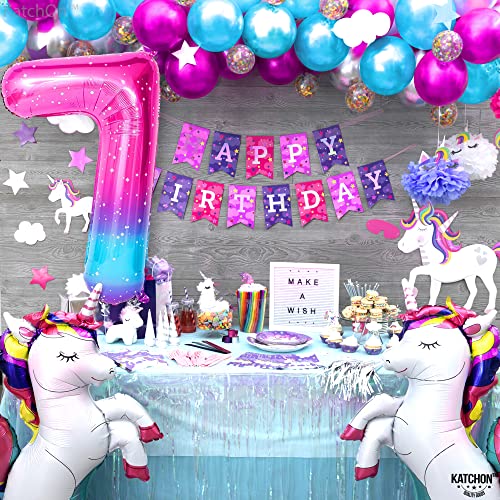 Image of Katchon, 40 Inch Rainbow Number 7 Balloon For 7th Birthday Decorations | 7 Balloon For Unicorn Birthday Decorations, Helium Supported Gradient Blue Pink Number Balloons For Rainbow Birthday Decor