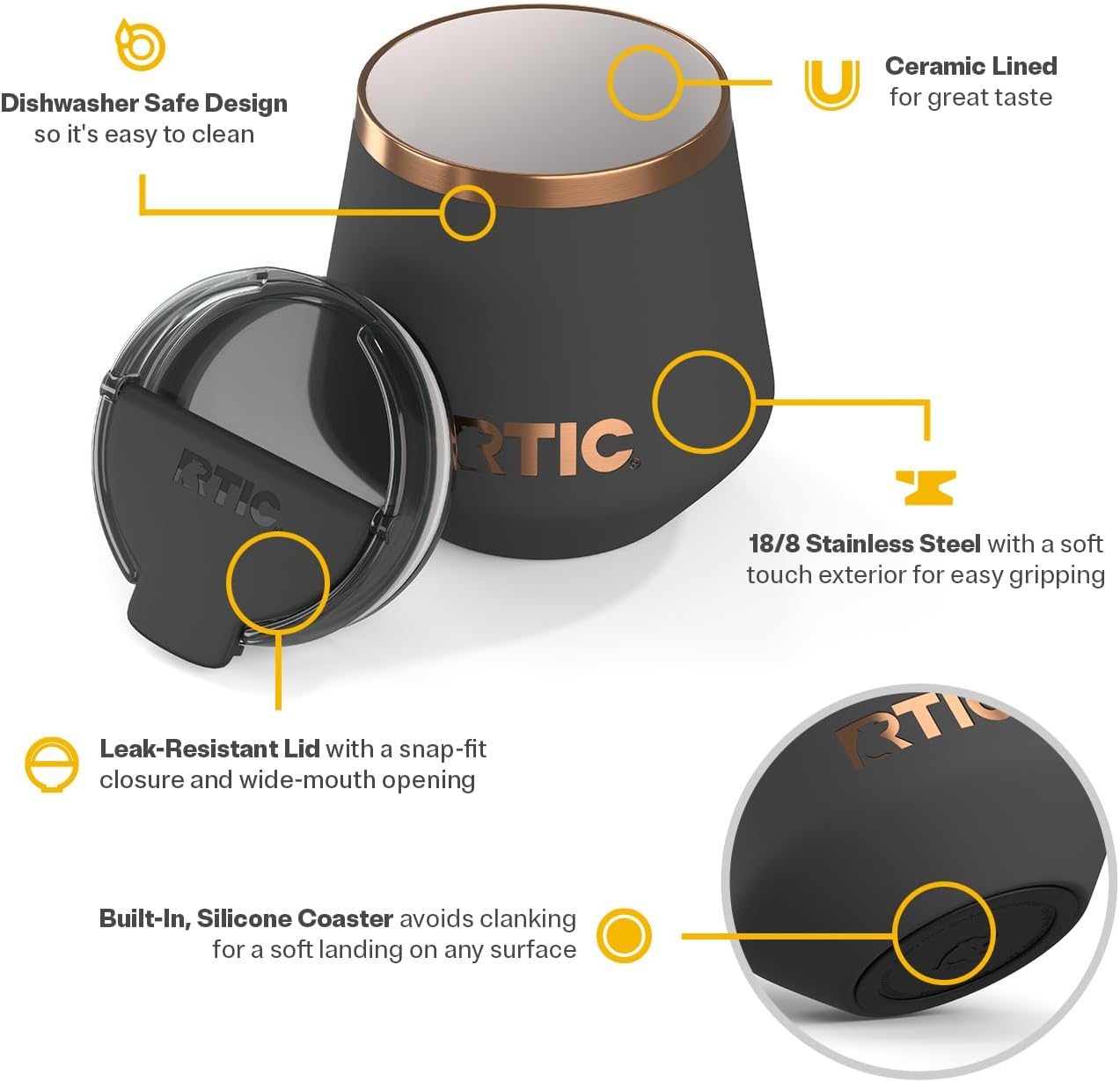 RTIC Happy Hour 8oz Lowball Tumbler with Lid, Ceramic Lined, Insulated, Stainless Steel Metal, Portable Travel Cup for Hot and Cold Drink, Light Black