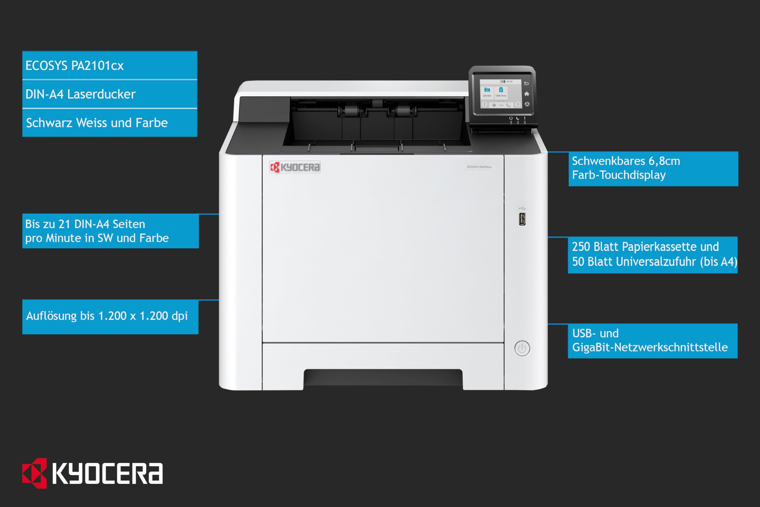 Kyocera Ecosys PA2101cx Laserdrucker Farbe. Farbdrucker mit 21 Seiten pro Minute. Farblaserdrucker inkl. schwenkbarem Touchpanel, LAN, USB 2.0 und Mobile-Print-Unterstützung