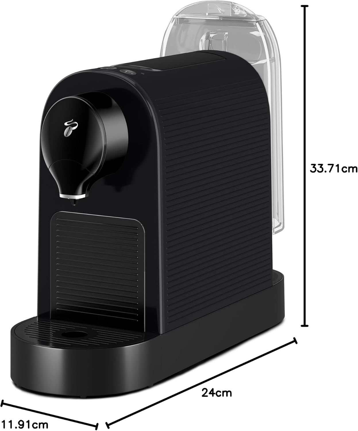 ചിബോ കാഫിസിമോ പ്യുവർ പ്ലസ് കോഫി മെഷീനിന്റെ അളവുകൾ കാണിക്കുന്ന ഡയഗ്രം: 11.91cm വീതി, 24cm ആഴം, 33.71cm ഉയരം.