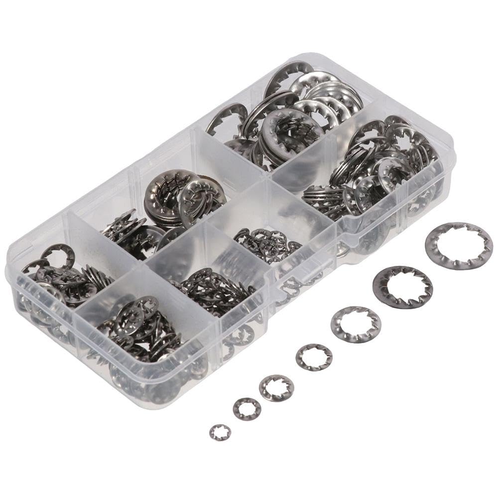 HOBBYIN 270Pcs 304 Stainless Steel Internal Tooth Star Lock Washers Assortment Kit, M3 M4 M5 M6 M8 M10 M12