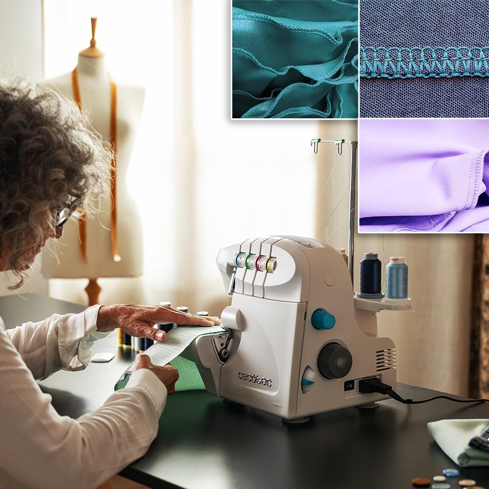Cecotec Machine à Coudre Bellecouture Overlock, Vitesse 1100 tr/min, Pression du Pied-De-Biche Réglable, Entraînement Différentiel, Fonctions de Point à 4 Fils et Kit d'Accessoires