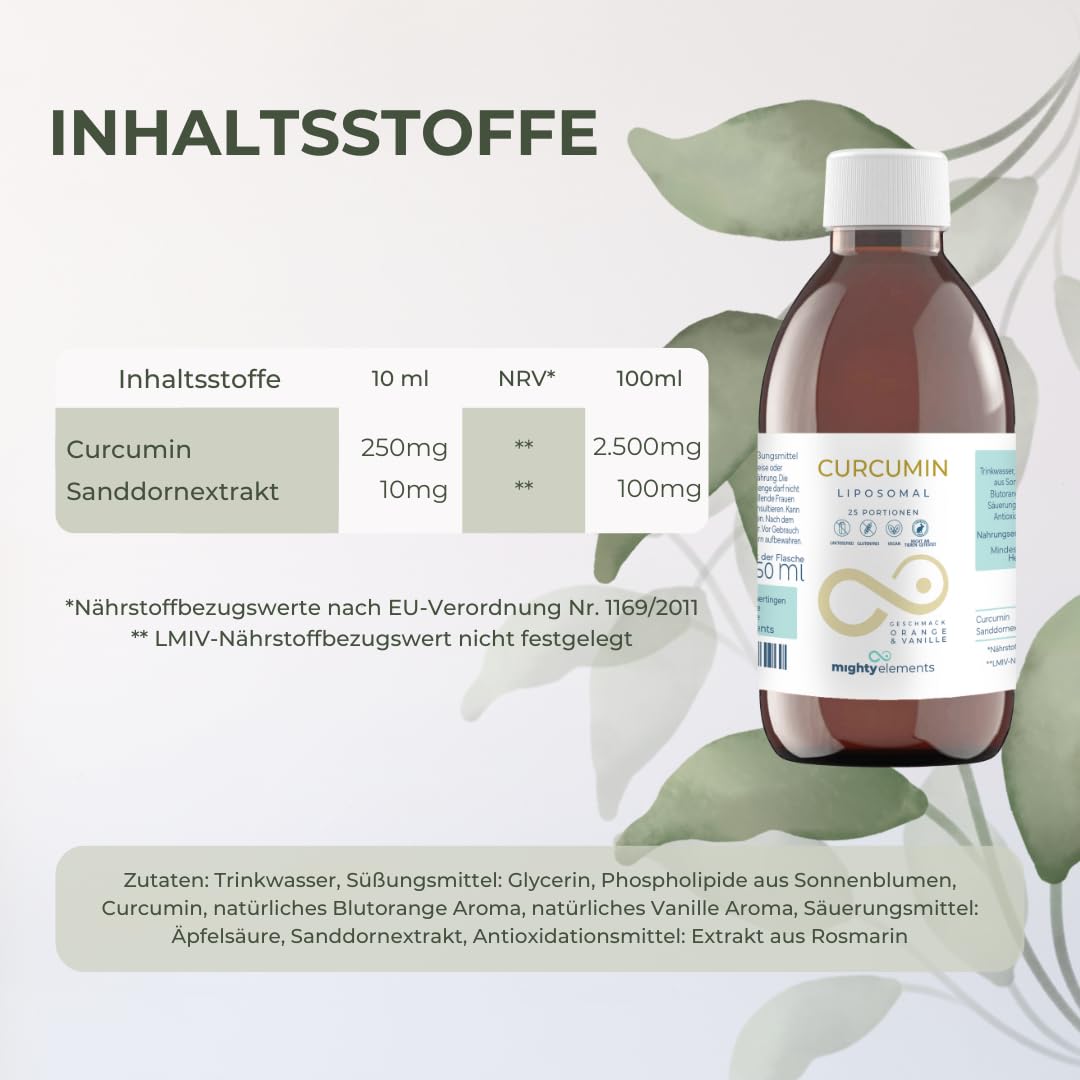 Mighty Elements Liposomales Curcumin 250 mg, Blutorange-Vanille Geschmack, Vegan, Glutenfrei, hohe Bioverfügbarkeit, Hochdosiert, Flüssig, 25 Portionen