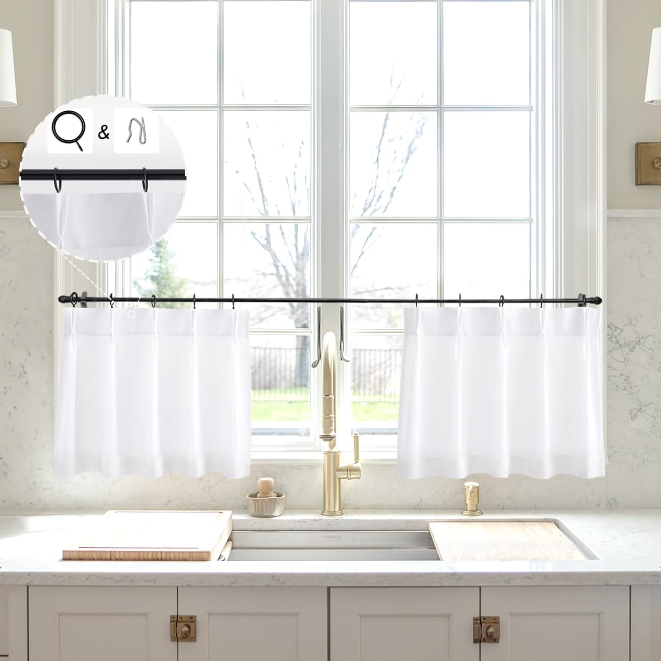Limon Home White Linen Kitchen Curtains 16 Inch Length Pinch Pleat Cafe Curtains