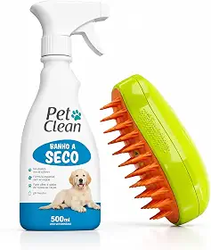 Kit Banho a Seco Pet Completo 500ml + Escova a Vapor Autolimpante Tira Pelos para Cães e Gatos | Higiene Sem Água | Limpeza Rápida | Neutraliza Odores e Perfuma a Pelagem