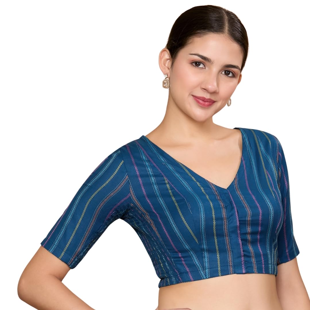 Women's Blue Cotton Handloom Stretchable (Smocked) Readymade Saree Blouse