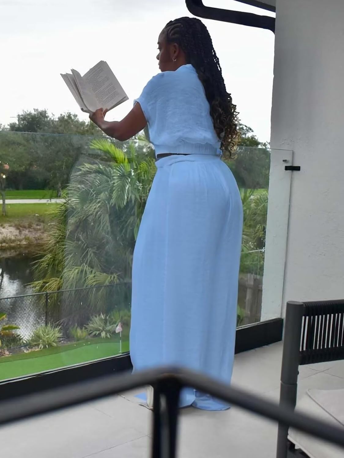 KEYUFANG Women's Summer 2 Piece Outfits Wrap V Neck Crop Top and Wide Leg Pants Sets Casual Vacation Outfits - Image 5