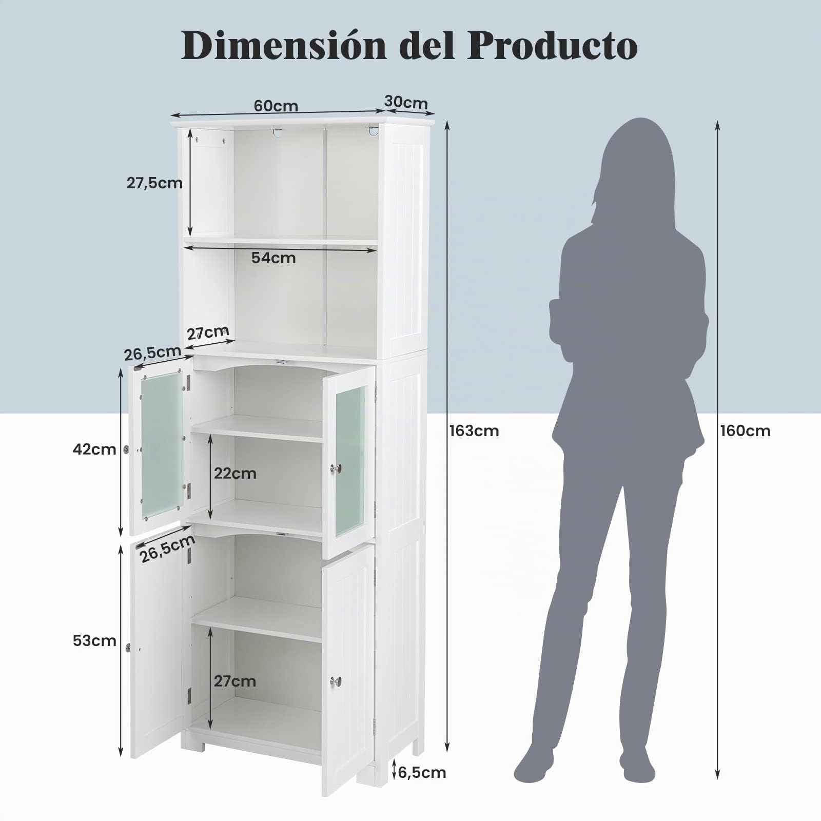 COSTWAY Armario Alto de Baño con 2 Puertas y 1 Cajón, Armario Independiente con Estantes Ajustables y Puerta de Vidrio Esmerilado, Mueble Columna para Sala Dormitorio (Blanco, 4 Puertas)