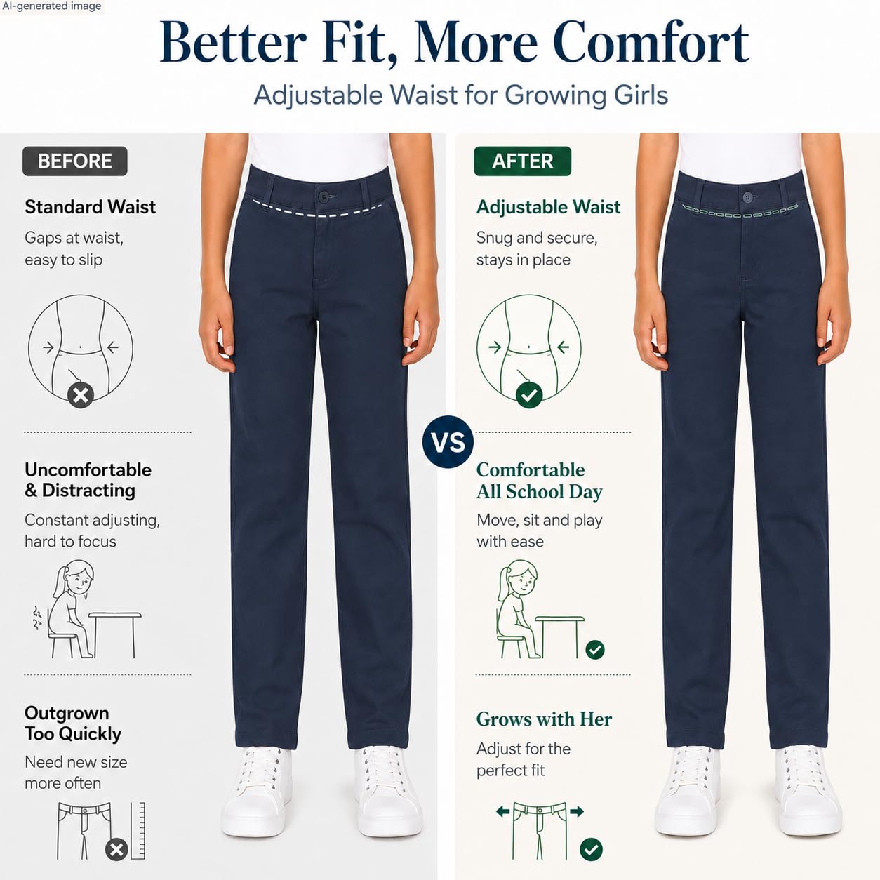Bienzoe Pantalones de uniforme escolar de algodón elástico con cintura ajustable para niña - azul - 6X