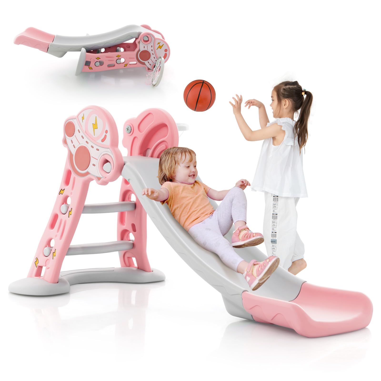 LARS360 4-in-1 kinderspeelplaats, speelgoedglijbaan met klimladder, multifunctionele speelplaatset voor kinderen van 1-5 jaar, kinderglijbaan, schommel en basketbalmand, voor binnen en buiten, type A