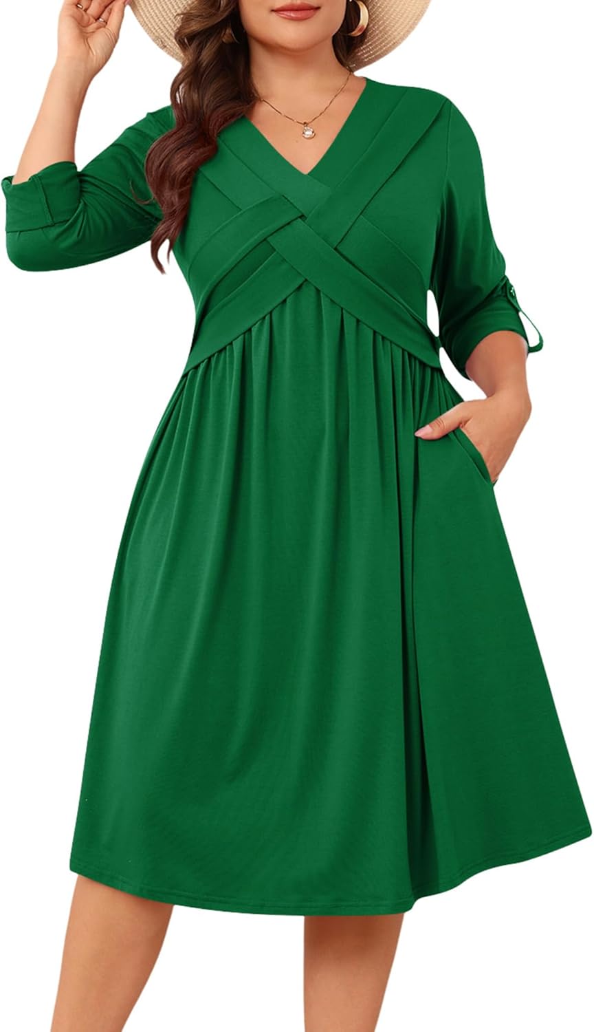 AMCLOS Womens Plus Size Dress V-Neck Elegant Cable Crossover Flowy 2 Pockets Roll up Long Sleeve Casual Party Maxi Dresses