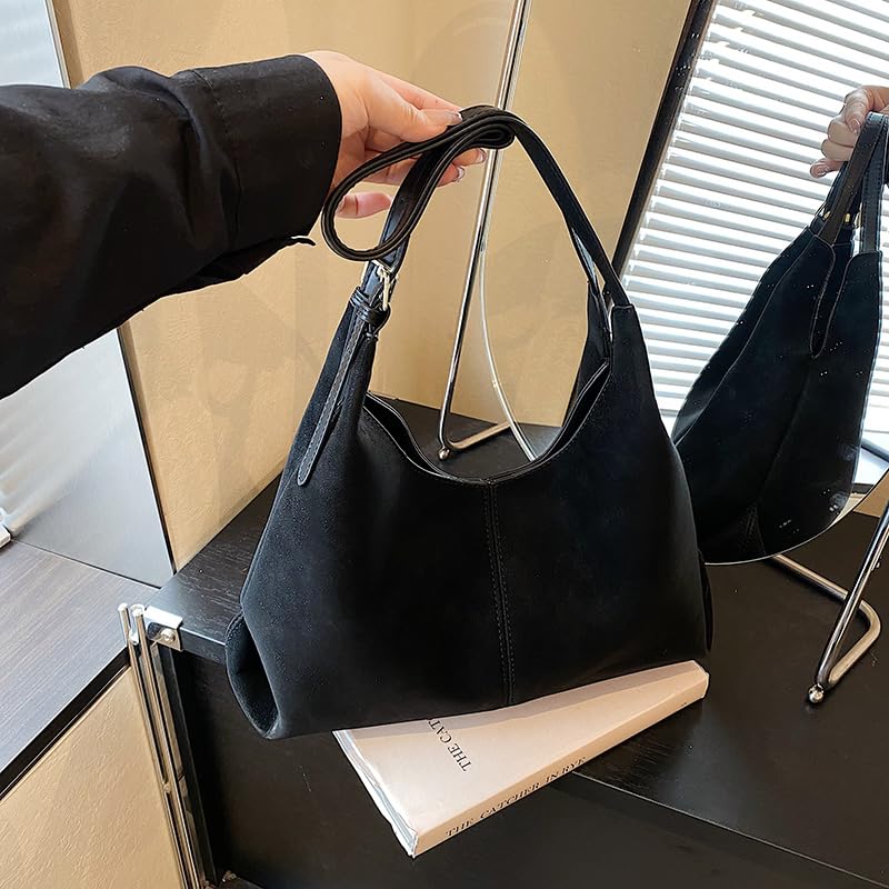 Retro Suede Shoulder Bag PU Slouchy Shoulder Bag Solid Colour Tote Handbag Large for Women Work Everyday4