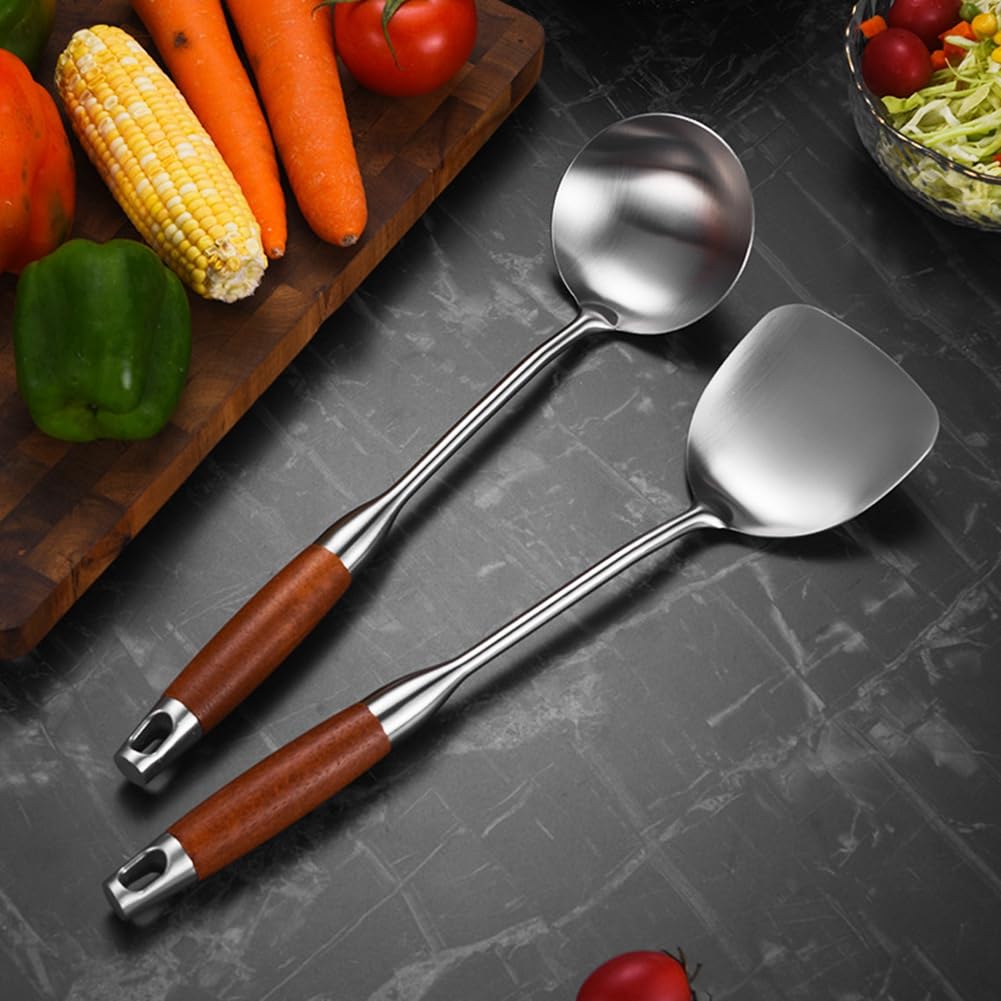 SCHNRR Stainless Steel for Carbon Steel, Stainless Steel Wok Metal, Wok Tools Set, Wooden Handle Soup Ladle Reusable - Image 2