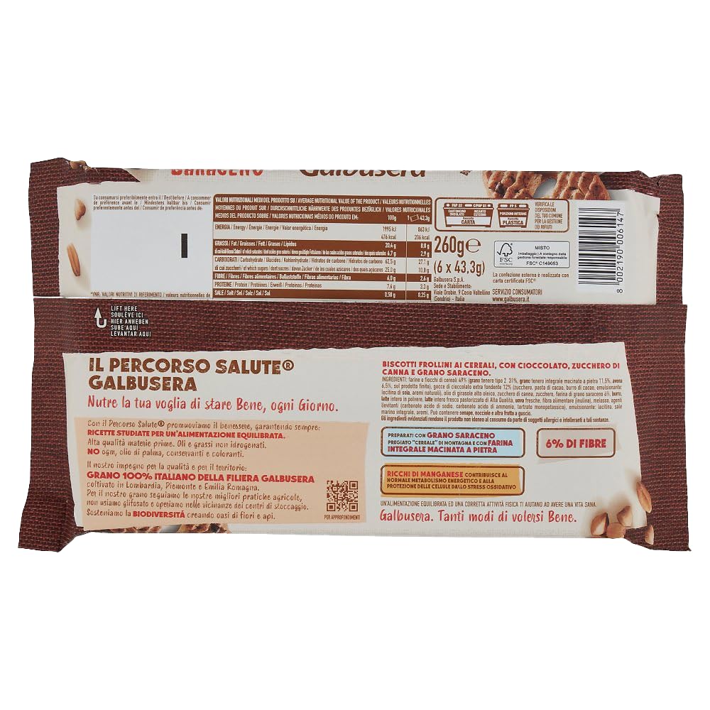 Galbusera Gran Saraceno Frollini Integrali con Gocce di Cioccolato, Zucchero di Canna e Grano Saraceno 260g [BOX da 8 Confezioni]