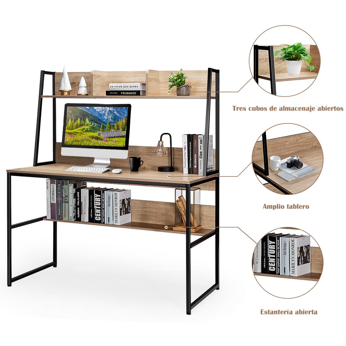 COSTWAY Escritorio para Computadora con Aparador y Estantería, Mesa de Estudio con 3 Cubos de Almacenamiento y Librería Abierta, Mesa Ordenador Que Ahorra Espacio (Natural)