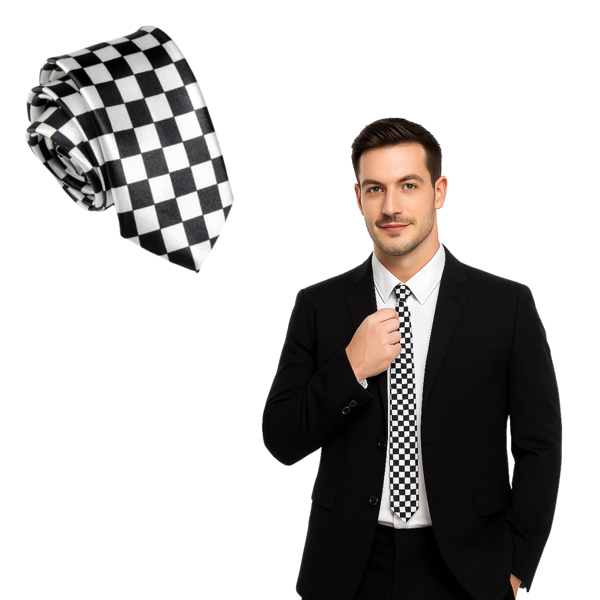 Fna Fashions Men's Police Checkered Fna Fashions® Classic Slim Skinny Satin Tie Adult Wedding Fancy Party Solid Plain Necktie (, One Size)