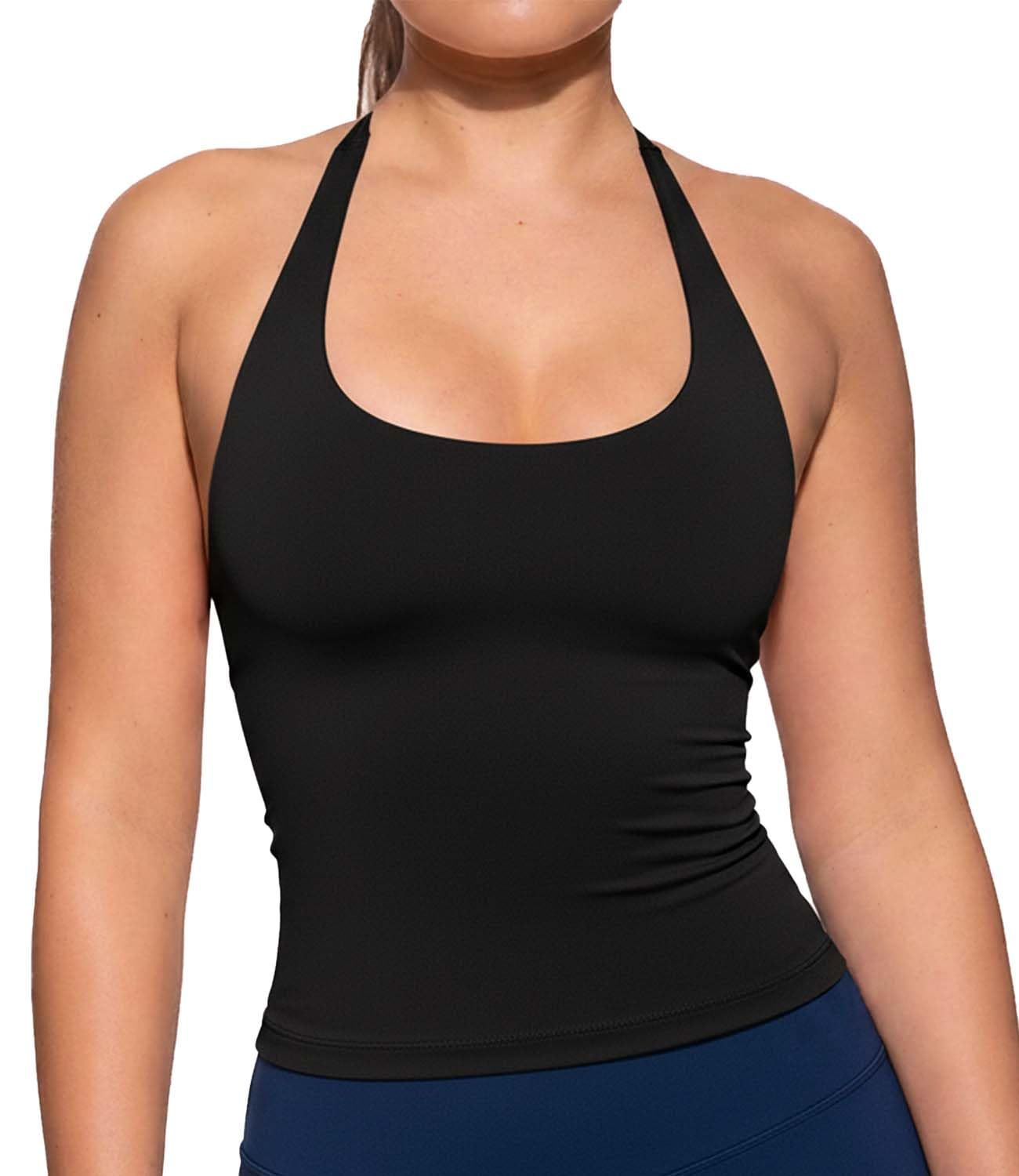 TZLDN Top da donna con allacciatura al collo, schiena scoperta con reggiseno integrato, palestra, yoga, top fitness - 2