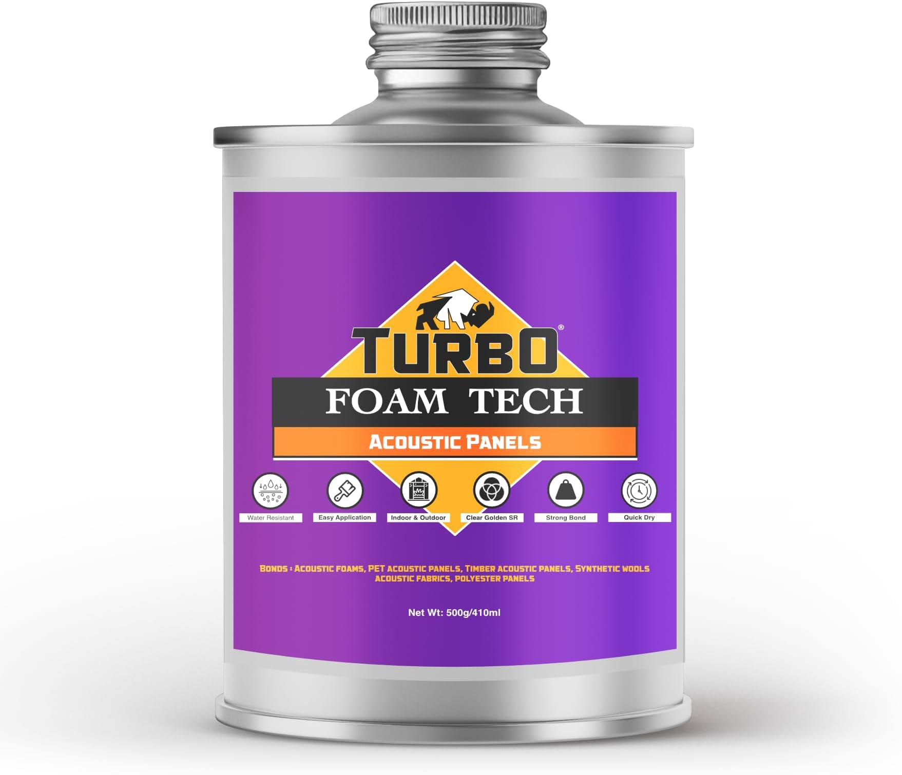 Turbo® Foam Tech SR Adhesive for Mounting Acoustic Panels | Strong Hold, Easy Spread, Quick Dry, Multi-Purpose Glue | Purple, 400 ML Can