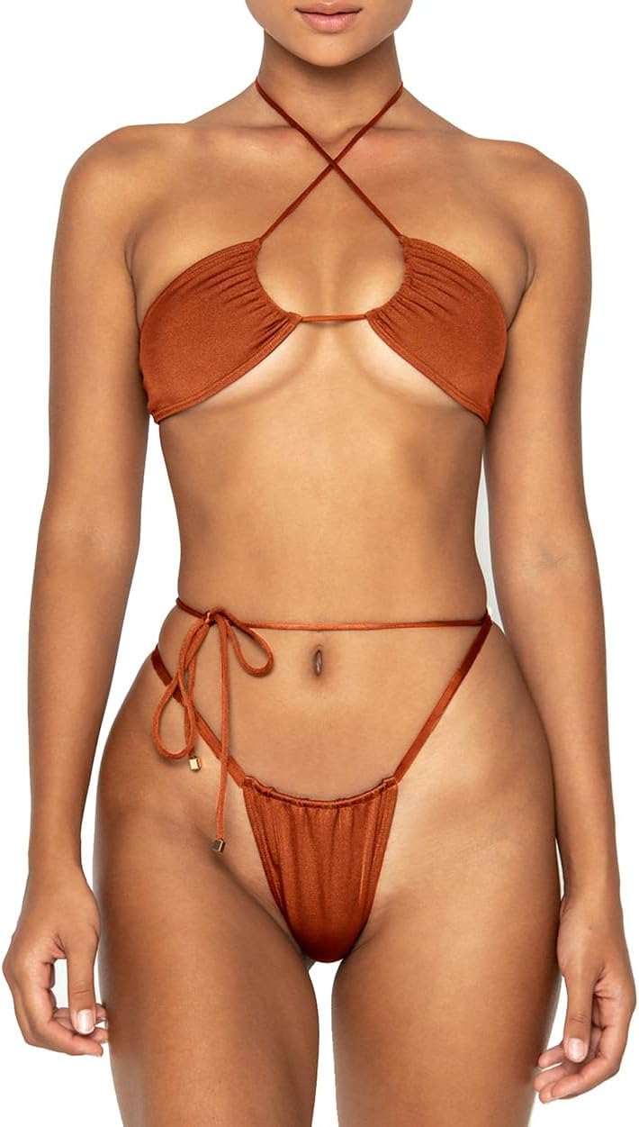 Women Cheeky Bikini Set Halter Thong Solid Color Adjustable Cinched String Two Piece Brazilian Swimsuit Triangle Bathing