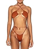 Women Cheeky Bikini Set Halter Thong Solid Color Adjustable Cinched String Two Piece Brazilian Swimsuit Triangle Bathing Small Brown