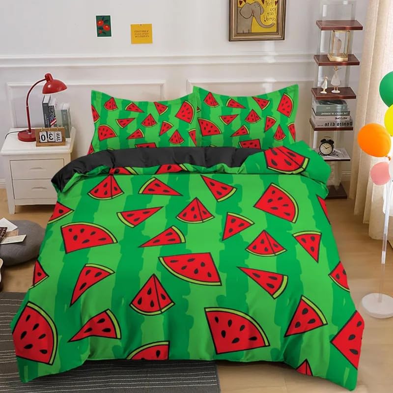 Parure de Lit 140x200 Housse de Couette Microfibre Pastèque Verte 3D