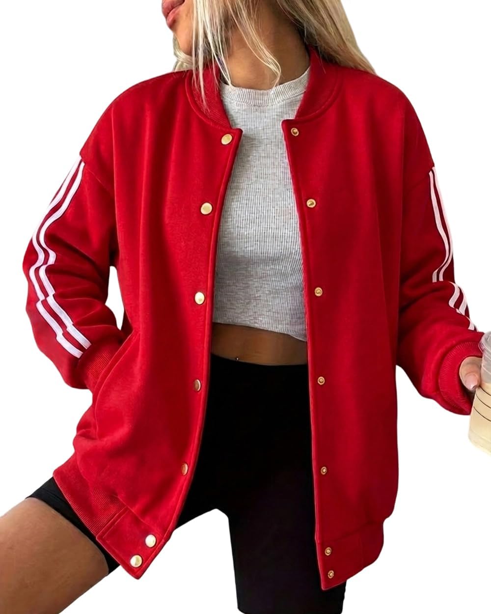 CHICME Women's Varsity Jacket Button Down Bomber Jackets Spring Fall Coat Casual Long Sleeve Loose Jacket with Pockets