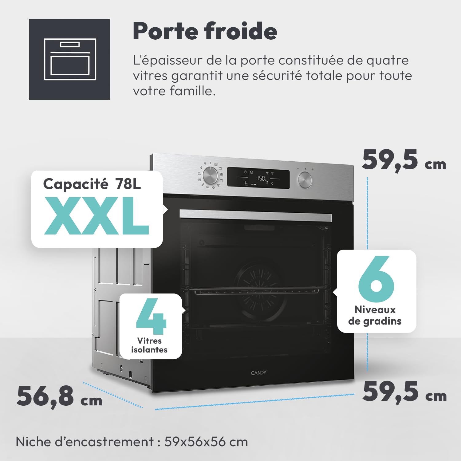 CANDY - Four Encastrable à Chaleur Tournante - Pyrolyse/Hydrolyse - 6 Niveaux de Cuisson - Classe Énergétique A++ - Cavité XXL (78L), Porte Froide, Pyrolyse, WiFi - Noir - 59,5 x 59,5 x 56,8 cm