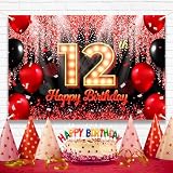 Happy 12th Birthday Backdrop Banner Black and Red Theme Background with Neon Shiny Fashion Birthday Party Photo Photography Prop Booth Background for Boys Girls Celebration 70.8x47.2in-BECKTEN