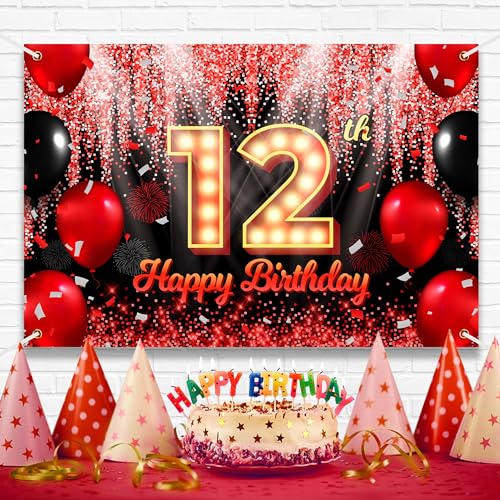Happy 12th Birthday Backdrop Banner Black and Red Theme Background with Neon Shiny Fashion Birthday Party Photo Photography Prop Booth Background for Boys Girls Celebration 70.8x47.2in-BECKTEN