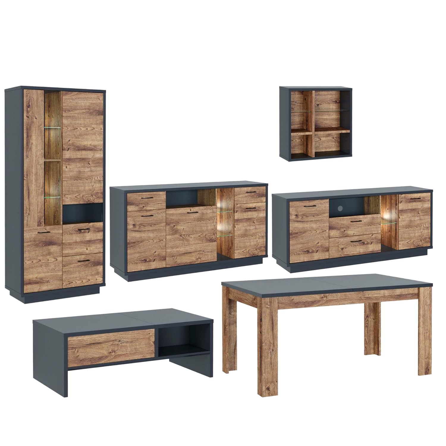 SHIITO | Modelo Derby - Salón Elegante y Funcional | Color Grafito y Roble | Conjunto Completo de Muebles con Luces LED | Diseño Moderno, Almacenamiento Versátil y Ambiente Acogedor