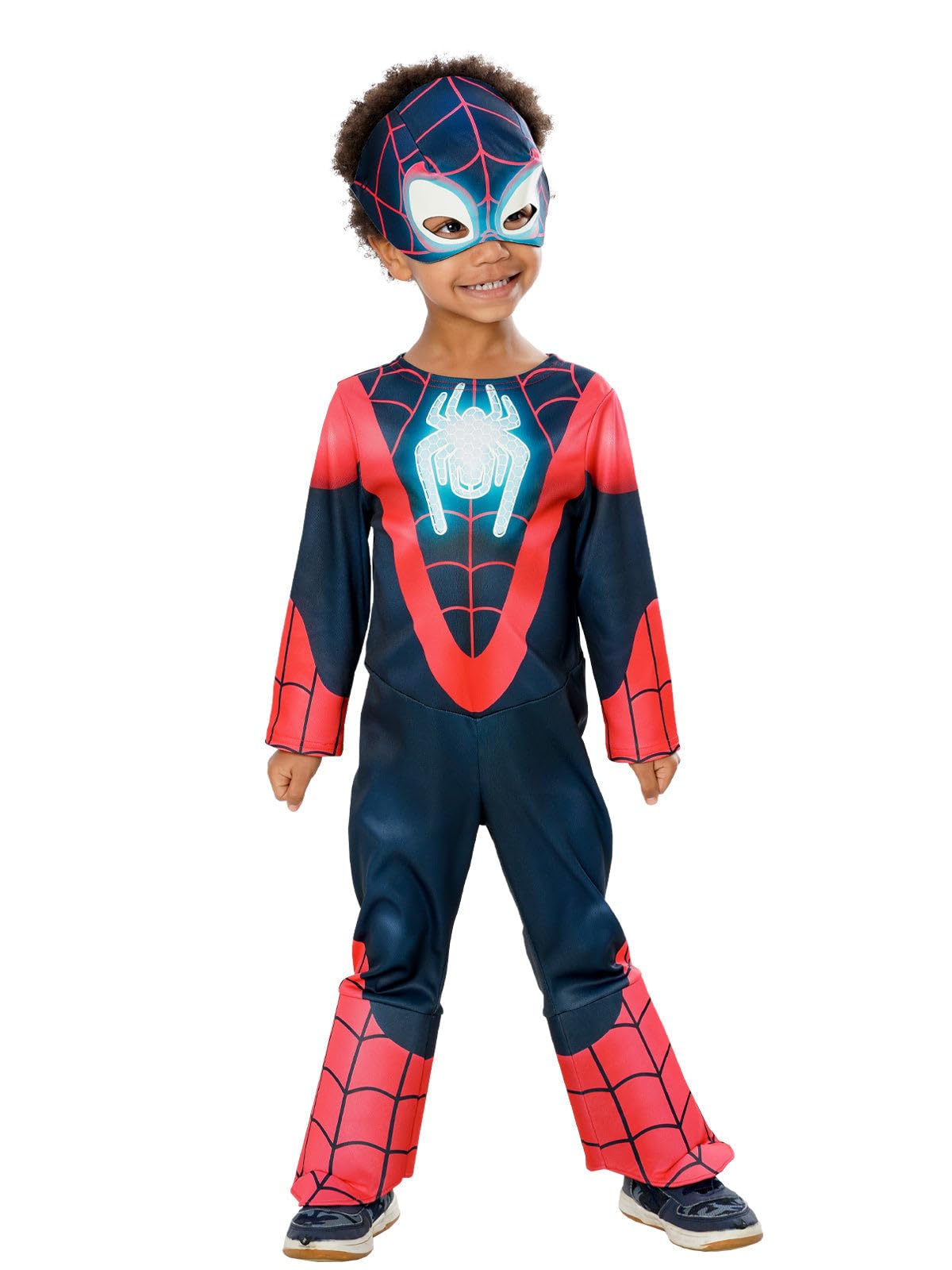 Rubies disfraz Miles Morales Glow in dark Preschool para niños, Jumpsuit, cubre botas, media máscara, Oficial Marvel para Carnaval, Navidad, Cumpleaños, Fiestas y Halloween.