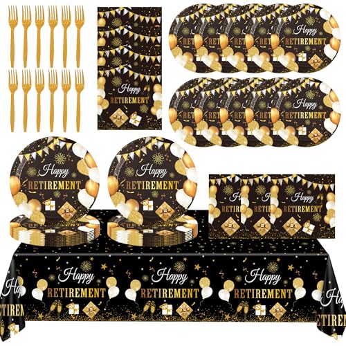 YISKUOPU Black Gold Retirement Party Decorations Tableware 61pcs Retirement Plates and Napkins Tablecloth Forks Retiremen Party Supplies for Men Women Serves 20