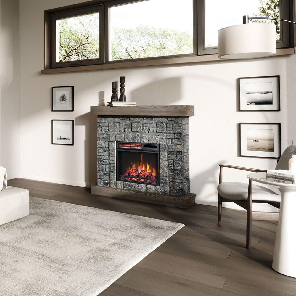 Modern Ember Raeford 40 Inch Wood Fireplace Mantel with Faux Stone Brick Surround and 18