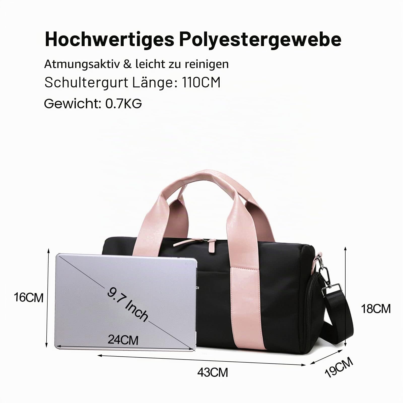 FANDARE Reisetaschen Handgepäck Sporttasche Übernachtung Sporttasche Handtasche Damen Herren Weekender Kliniktasche Schwimmtasche Trainingstasche mit Nass Trockentrenntasche & Schuhfach Schwarz Rosa
