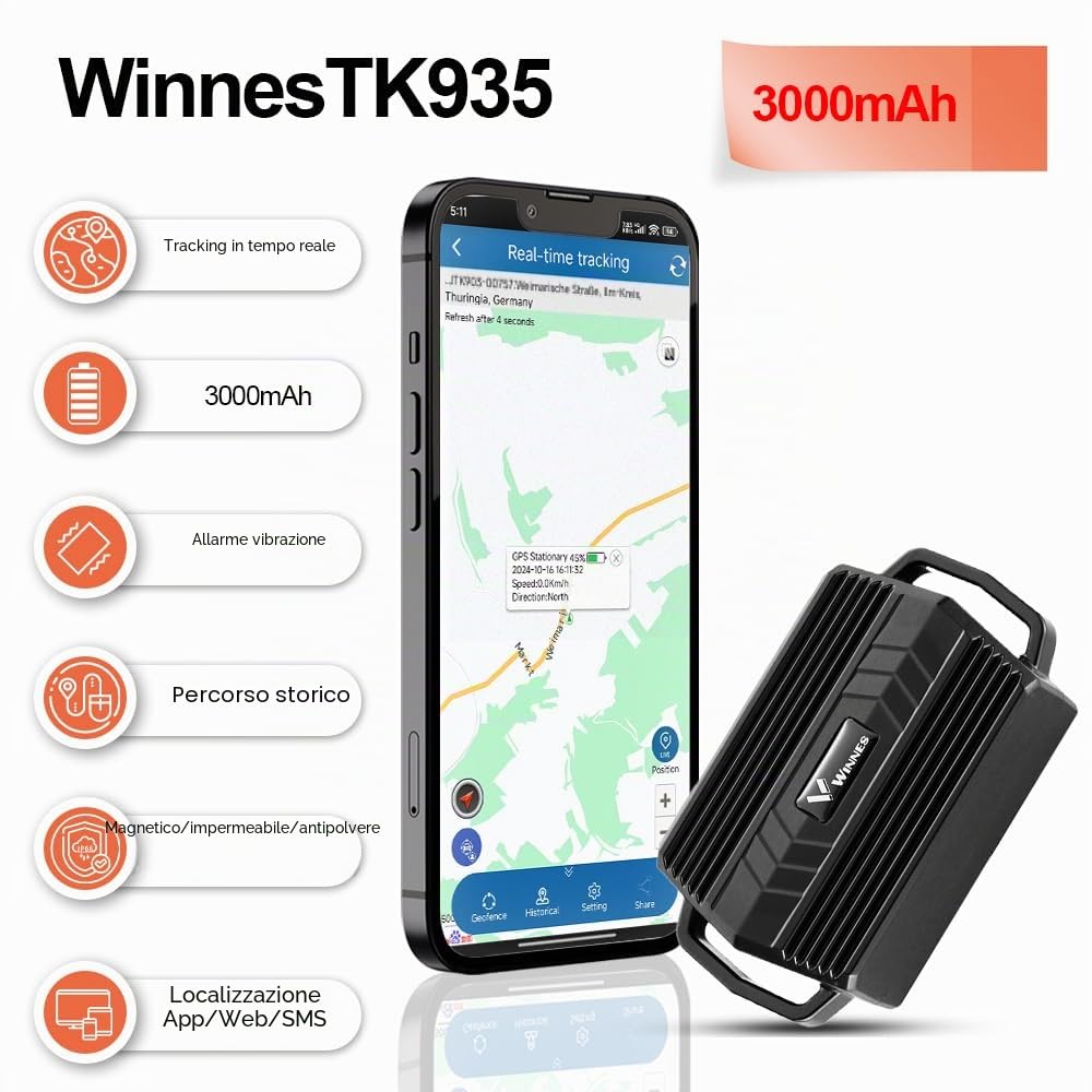 Winnes 4G Localizzatore GPS Tracker GPS con Collare per Cani, Caccia, Mucca, Cavallo, Pecora, Cammello,IP66 Impermeabile,Multipli Allarme/Geo-fence,APP Senza Abbonamento - 3000mAh (4G TK935)